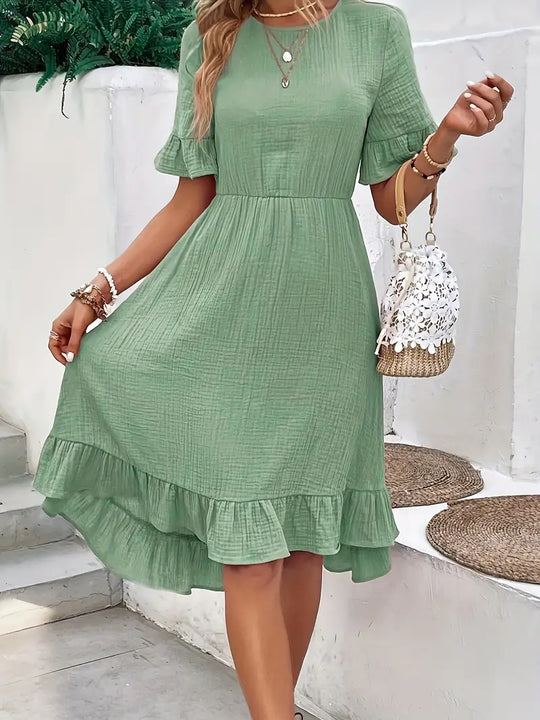 Damen Midi Kleid mit Volants und leichtem Gummizug EB