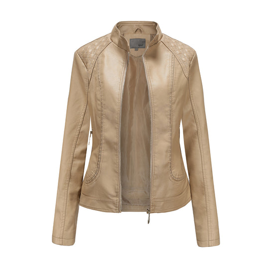 Damen nan taillierte Kunstleder Bikerjacke mit Stehkragen und gesteppter Schulterpartie EB