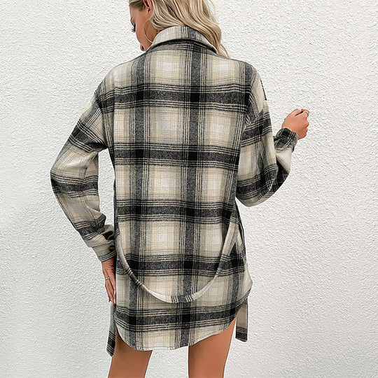 Damen lässige Karo-Hemdjacke mit modischen Knopfdetails und leichter Baumwollqualität EB