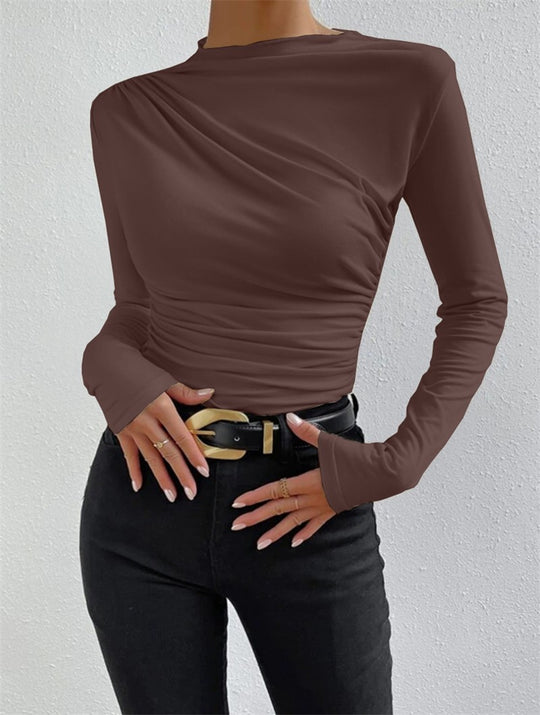 Damen nan figurbetontes Langarmshirt mit asymmetrischer Raffung am Vorderteil und U-Boot-Ausschnitt EB