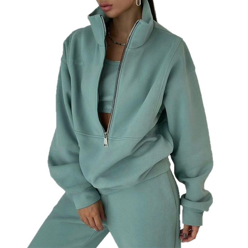 Damen nan Oversize Halbzip-Sweatshirt mit hohem Stehkragen und verdeckter Kängurutasche EB