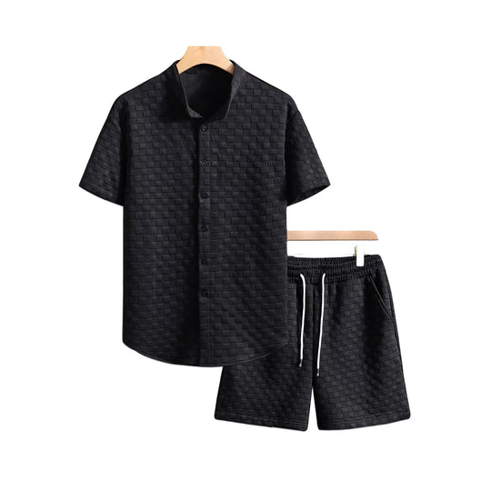 Herren nan zweiteiliges Sommerensemble mit Stehkragen-Hemdjacke und elastischen Komfort-Shorts in geprägter Karo-Textur EB