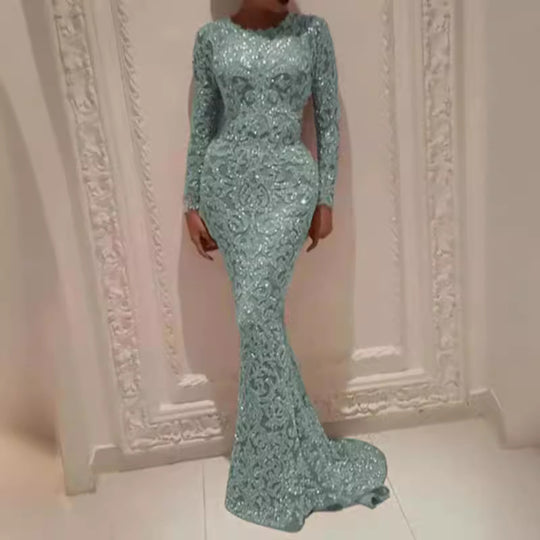 Damen Glamouröses Hochzeitskleid mit funkelnden Pailletten und langen Ärmeln EB