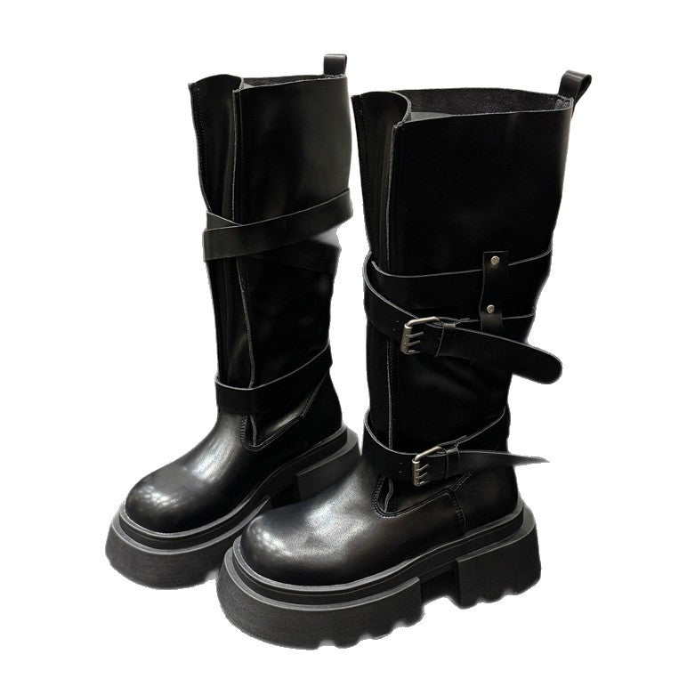 Damen trendige hohe Stiefel mit doppeltem Riemen und robustem Plateau-Heel EB