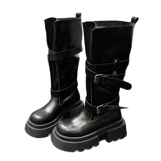 Damen trendige hohe Stiefel mit doppeltem Riemen und robustem Plateau-Heel EB