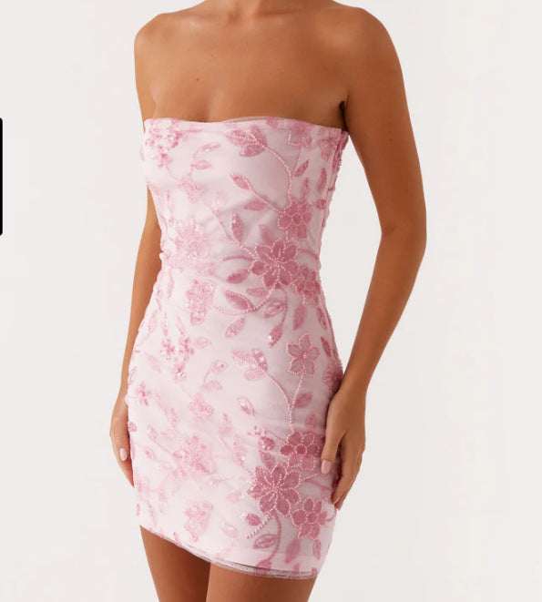 Damen Elegantes Bandeau-Minikleid mit floralem Pailletten-Design EB