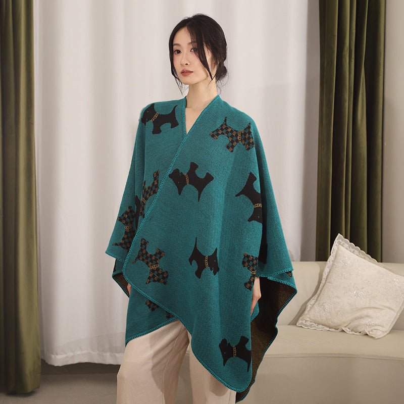 Damen Reversibler Wollmix-Umhang mit Terrier-Jacquardmuster EB