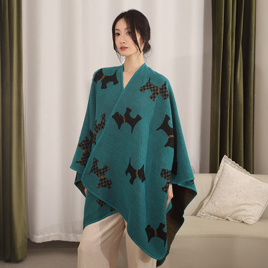 Damen Reversibler Wollmix-Umhang mit Terrier-Jacquardmuster EB