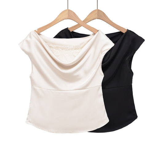 Damen elegante Satinbluse mit raffiniertem Wasserfall-Ausschnitt EB