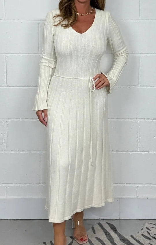 Damen Strickmaxikleid mit V-Ausschnitt und Taillenkordel EB