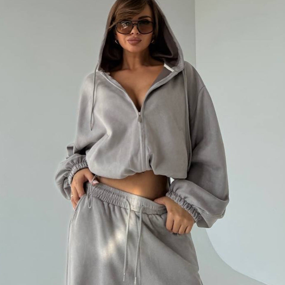 Damen Velours-Cropped-Kapuzenjacke mit Ballonärmeln und weiter Palazzo-Sweathose EB