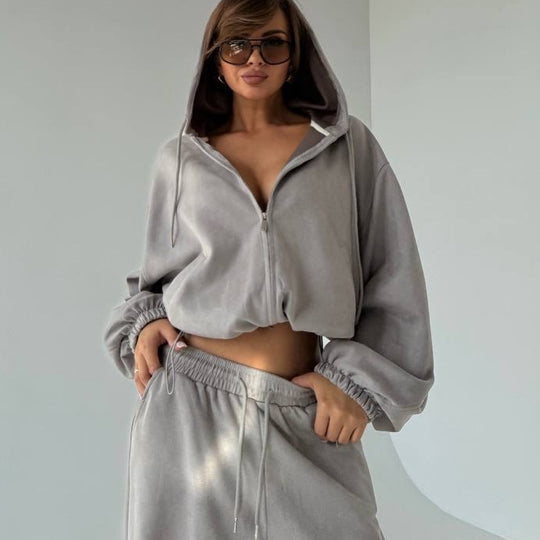 Damen Velours-Cropped-Kapuzenjacke mit Ballonärmeln und weiter Palazzo-Sweathose EB