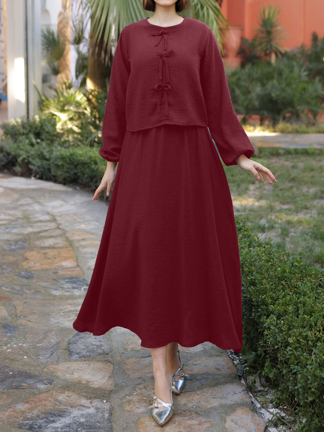 Damen Langes Zweiteiliges Maxikleid mit Überwurf, Rundhals und Zierknoten EB