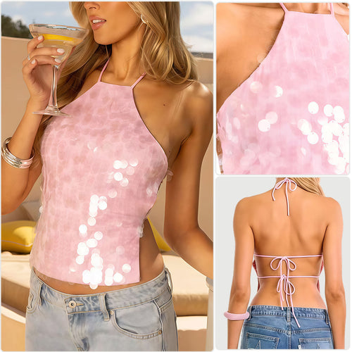 Damen Glamouröses Pailletten-Oberteil mit asymmetrischem Halterdesign EB