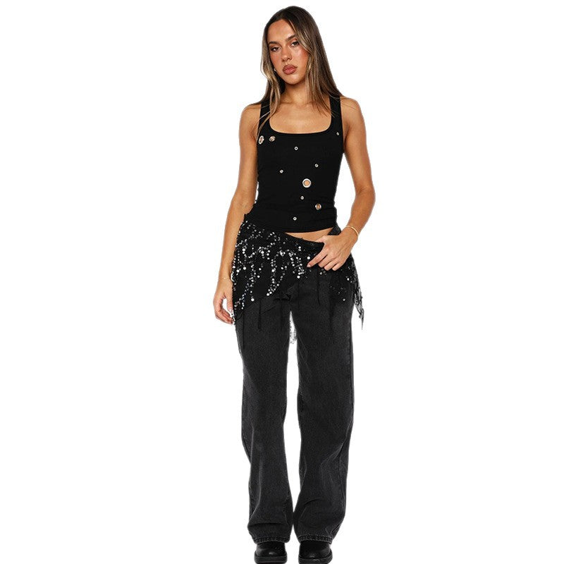 Damen Enganliegendes Crop-Top mit dekorativen Ösen EB
