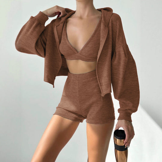 Damen Sportliches Zweiteiler-Set mit Crop-Top und lockerem Hoodie EB