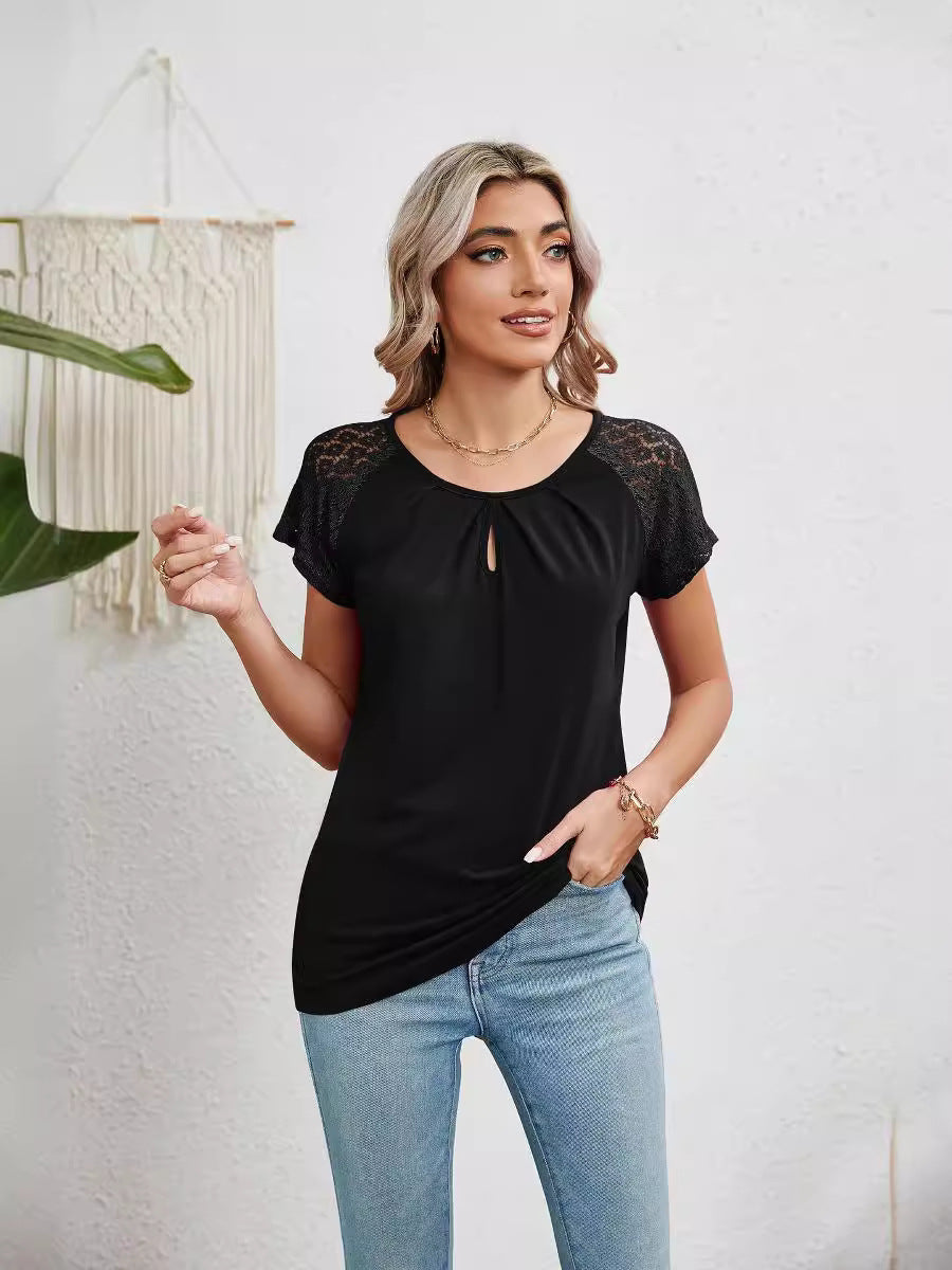 Damen Kurzarm-Bluse mit Spitzenärmeln EB