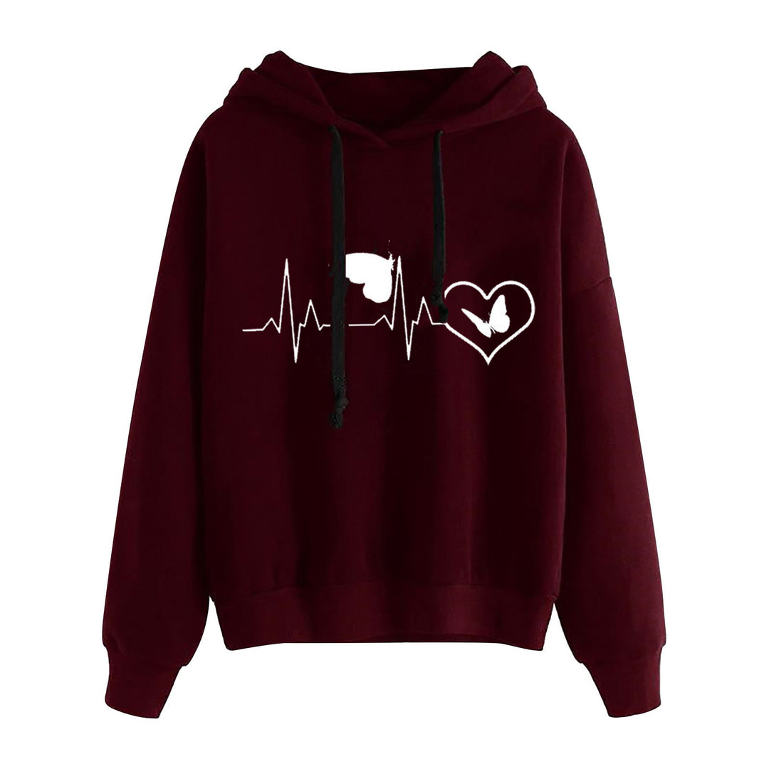 Damen nan leichter Oversize Kapuzenpullover mit Herz‑EKG‑Motiv, langen Kordeln und elastischem Bund EB