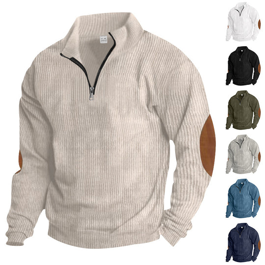 Herren nan gerippter Feinstrick-Pullover mit kurzem Reißverschluss Stehkragen und Lederoptik-Ellbogenpatches EB