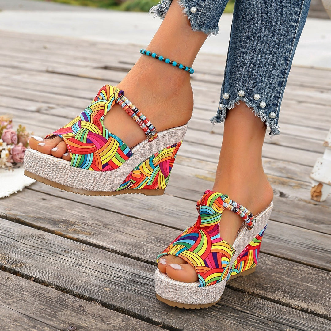 Damen modische Wedge-Sandalen mit buntem Mustermix und bequemer Sohle EB