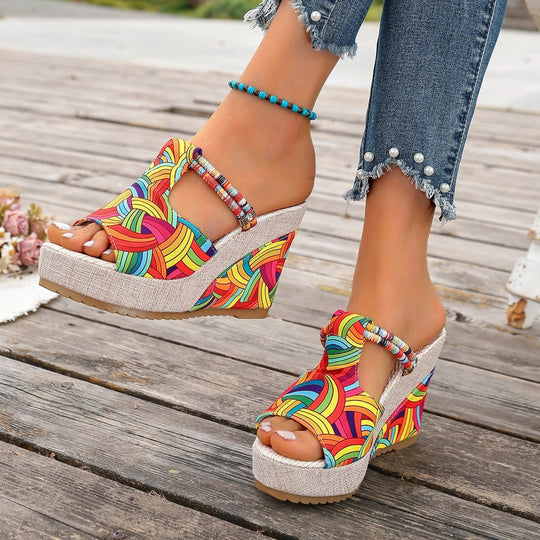 Damen modische Wedge-Sandalen mit buntem Mustermix und bequemer Sohle EB