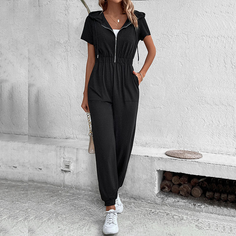 Damen moderner Kurzarm-Jumpsuit mit praktischen Taschen und Kapuze EB