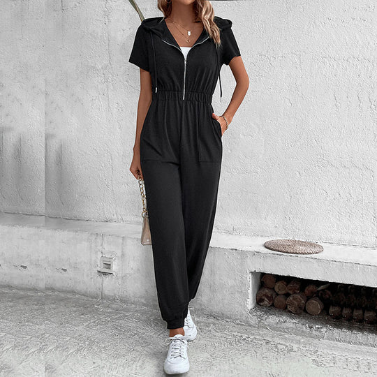 Damen moderner Kurzarm-Jumpsuit mit praktischen Taschen und Kapuze EB