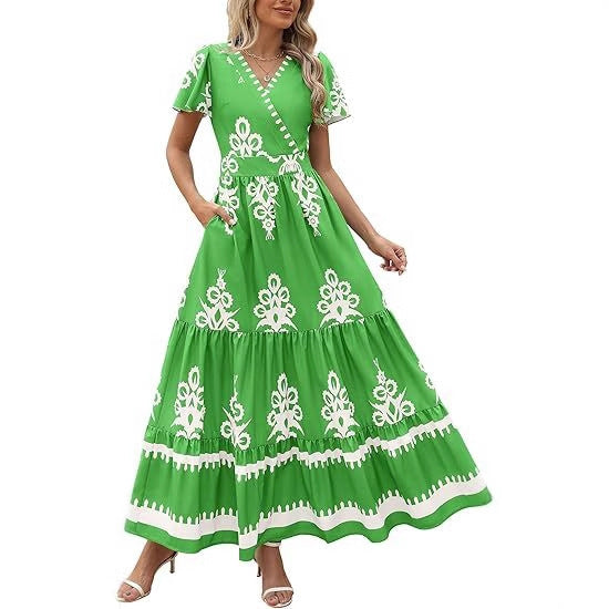 Damen Maxikleid mit V-Ausschnitt und kontrastierenden Stickdetails EB