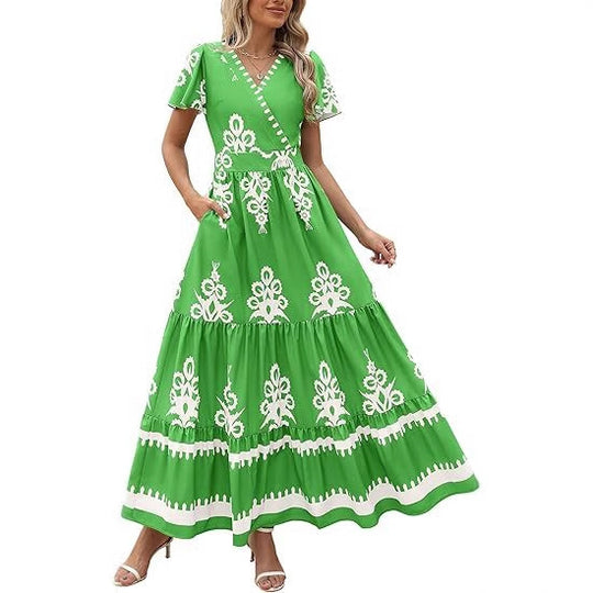 Damen Maxikleid mit V-Ausschnitt und kontrastierenden Stickdetails EB