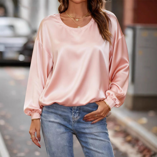 Damen Glänzende Satin-Bluse mit Rundhalsausschnitt und Ballonärmeln EB