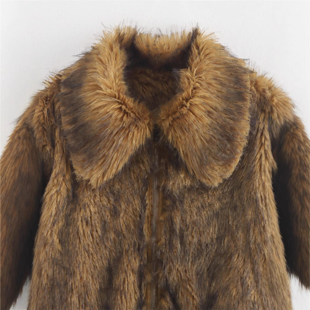 Damen elegante Kunstpelzjacke mit breitem Kragen EB
