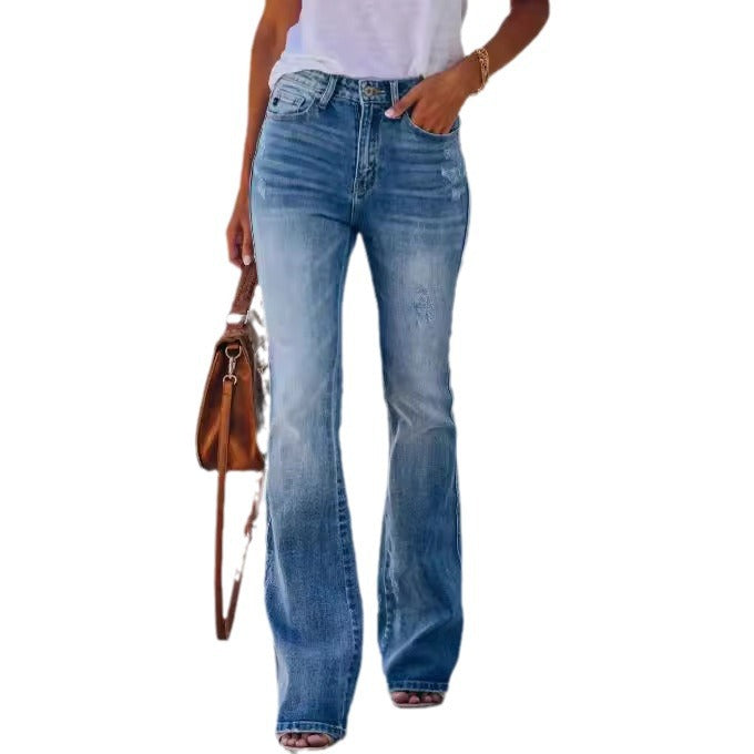 Damen nan High-Waist Schlagjeans aus Stretch-Denim mit leichter Used-Optik und figurbetontem Oberschenkel EB