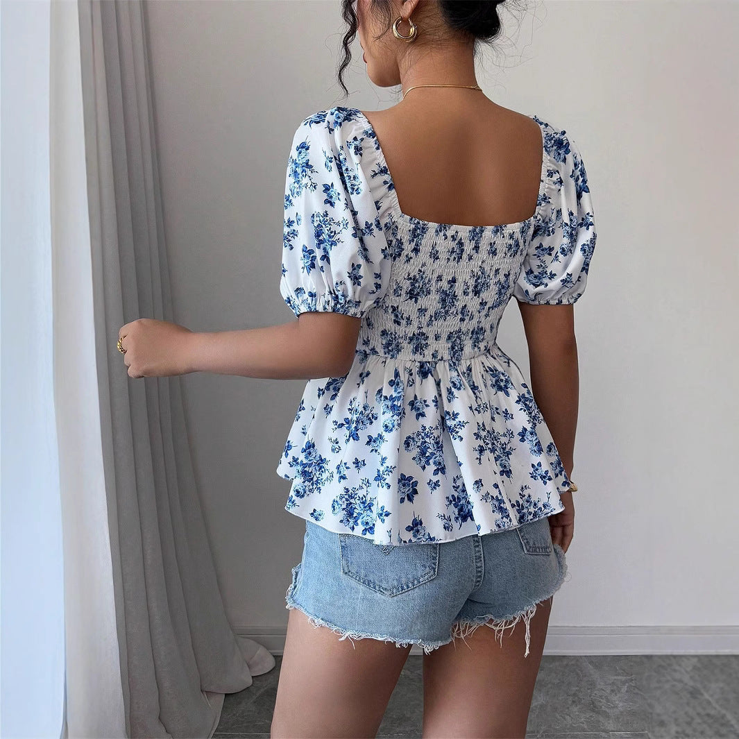 Damen Raffiniertes Oberteil mit Puffärmeln und floralem Design EB