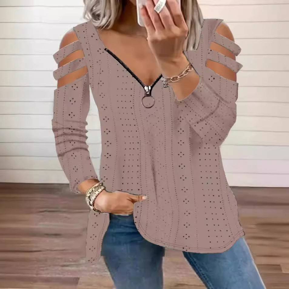Damen modisches Oberteil mit Cut-Out-Ärmeln und tiefem V-Ausschnitt EB