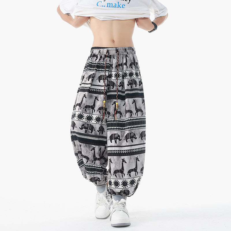 Damen nan lässige Pluderhose im Ethno-Print mit elastischem Bund, Kordelzug und gesmokten Bündchen EB