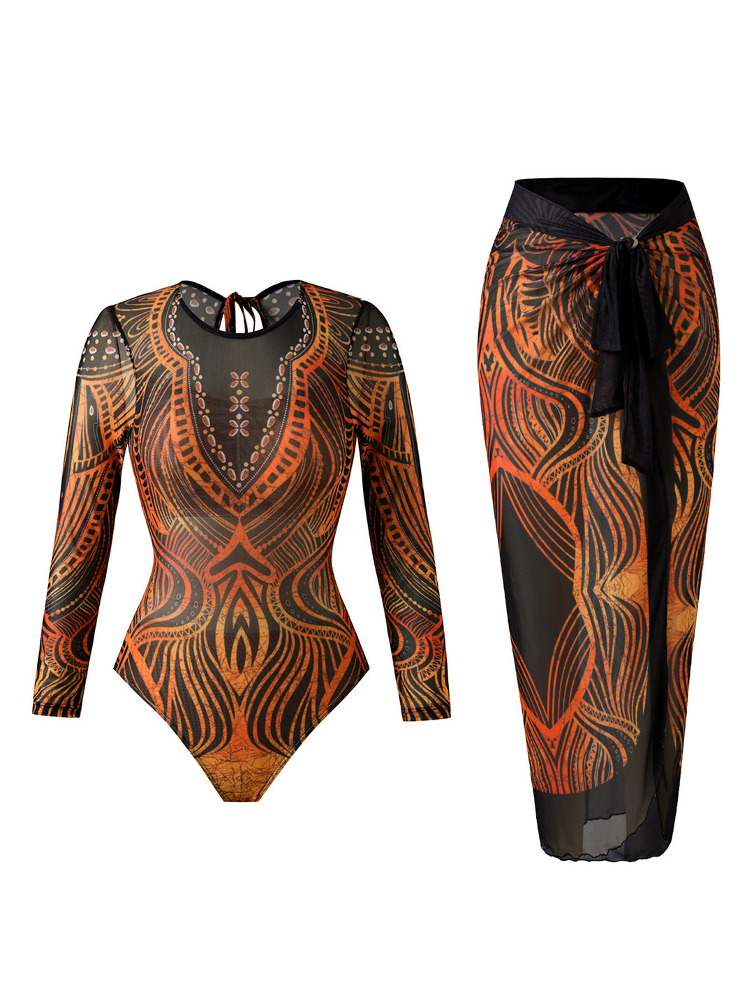 Damen Eleganter Badeanzug mit langem Arm und transparente Wickelrock EB