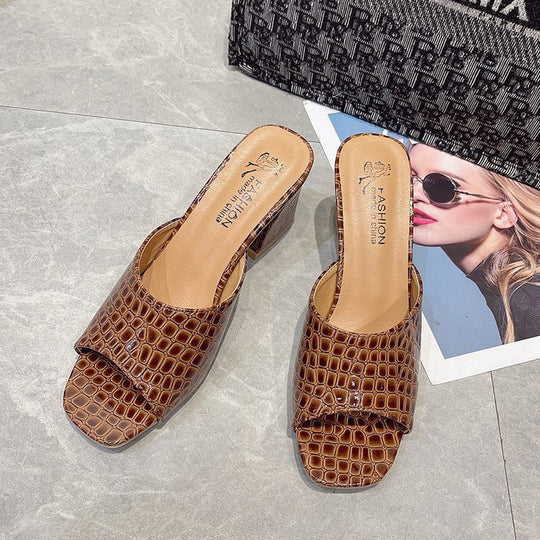 Damen Schicke Peeptoe-Pantoletten aus hochwertigem Leder mit Kroko-Optik EB