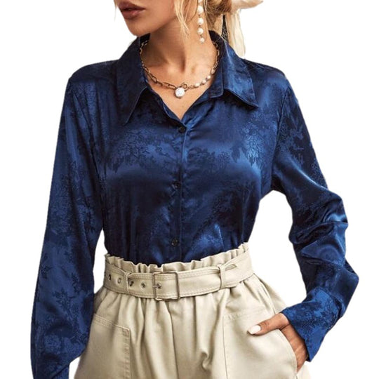 Damen edle Longbluse aus glänzendem Satin mit floralem Muster EB
