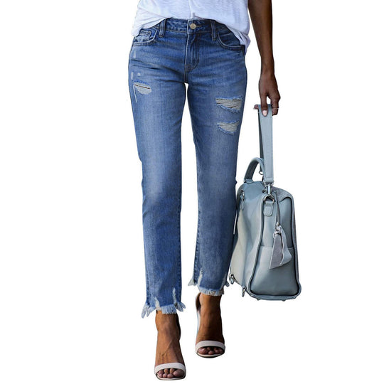 Damen Vintage Slim-Fit Jeans mit fransigem Saum und modischen Rissen EB