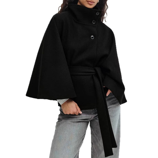 Damen Überwurfjacke mit hohem Kragen und taillierter Bindegürtel EB