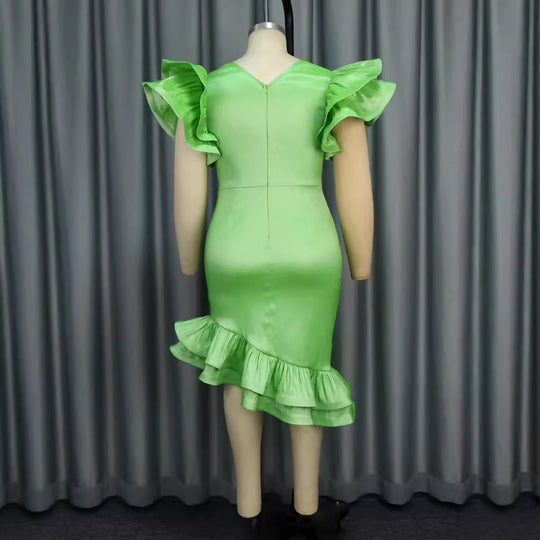 Damen elegantes Kleid mit voluminösen Rüschenärmeln und seitlichem Schlitz EB
