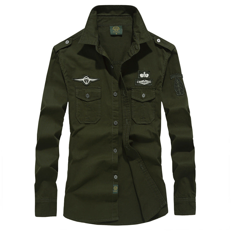 Herren nan militärisches Langarmhemd mit gestickten Abzeichen und Brusttaschen EB
