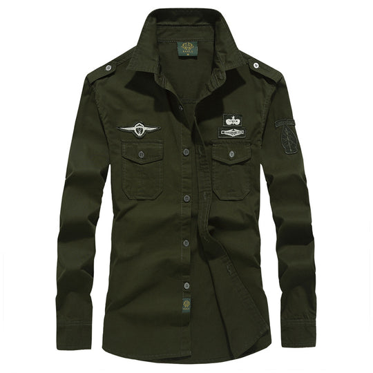 Herren  militärisches Langarmhemd mit gestickten Abzeichen und Brusttaschen EB