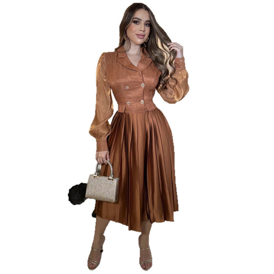 Damen Midikleid mit klassischem Kragen und eleganter Faltenoptik EB
