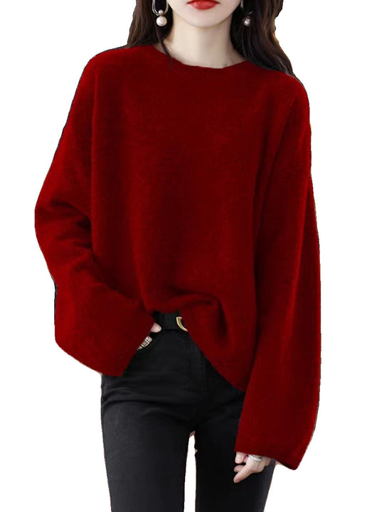 Damen weicher Strickpullover mit weitem Schnitt und legerem V-Ausschnitt EB