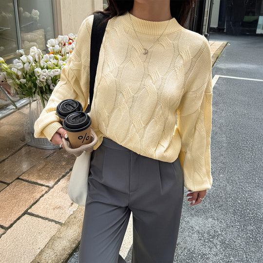 Damen nan cropped Zopfmuster-Pullover mit kastiger Silhouette, überschnittener Schulter und geripptem Saum EB