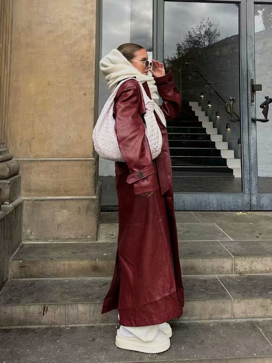 Damen Kunstleder-Trenchcoat mit taillierbarem Gürtel und schickem Kragen EB