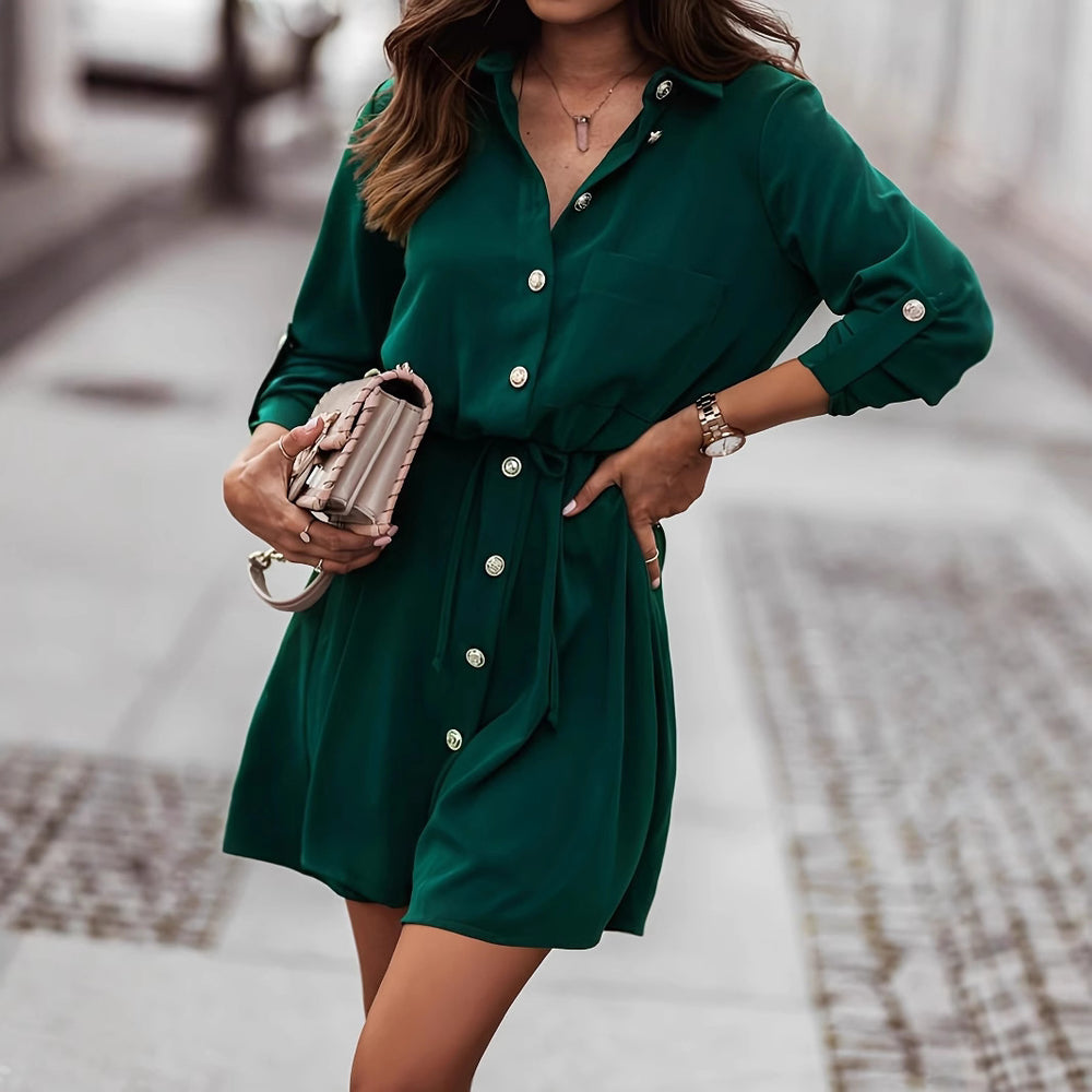 Damen Hemdkleid mit Taillenknotendetail und Brusttasche EB