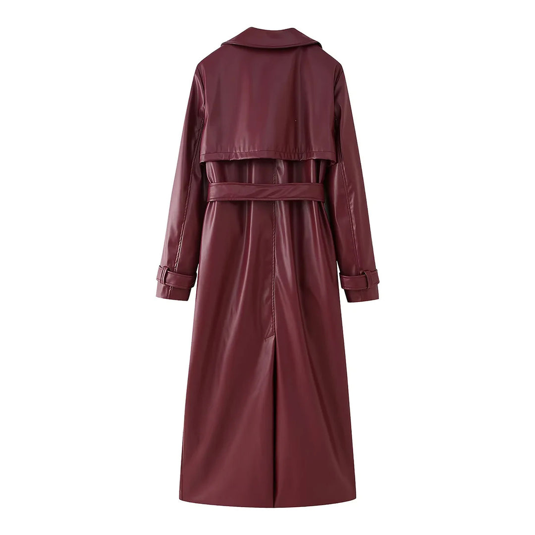 Damen eleganter Kunstleder-Trenchcoat mit Gürtel EB