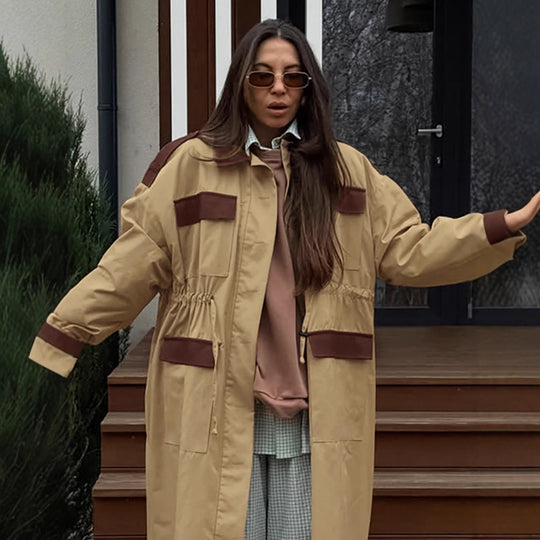 Damen Longline Utility-Jacke mit praktischen Taschen und verstellbarem Taillenzug EB
